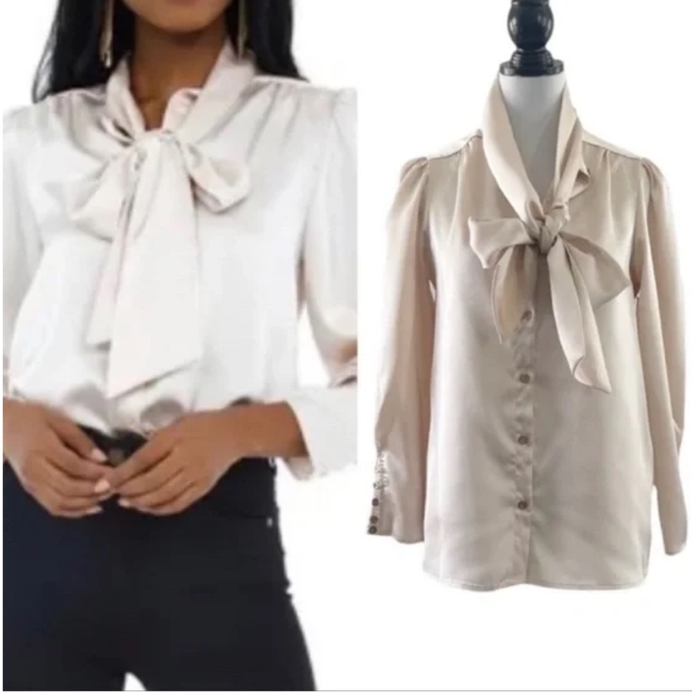 Anthropologie Elegant Cream Blouse with Bow Tie